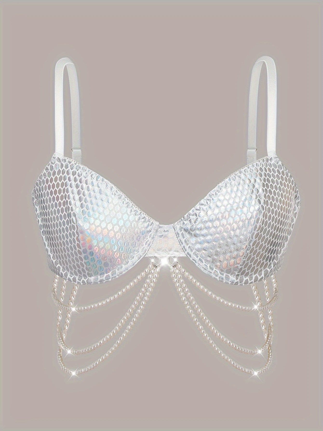 Faux Pearl Chain Detail Bra, Shiny Geo Pattern Bra, Women's Sexy Lingerie & Underwear
